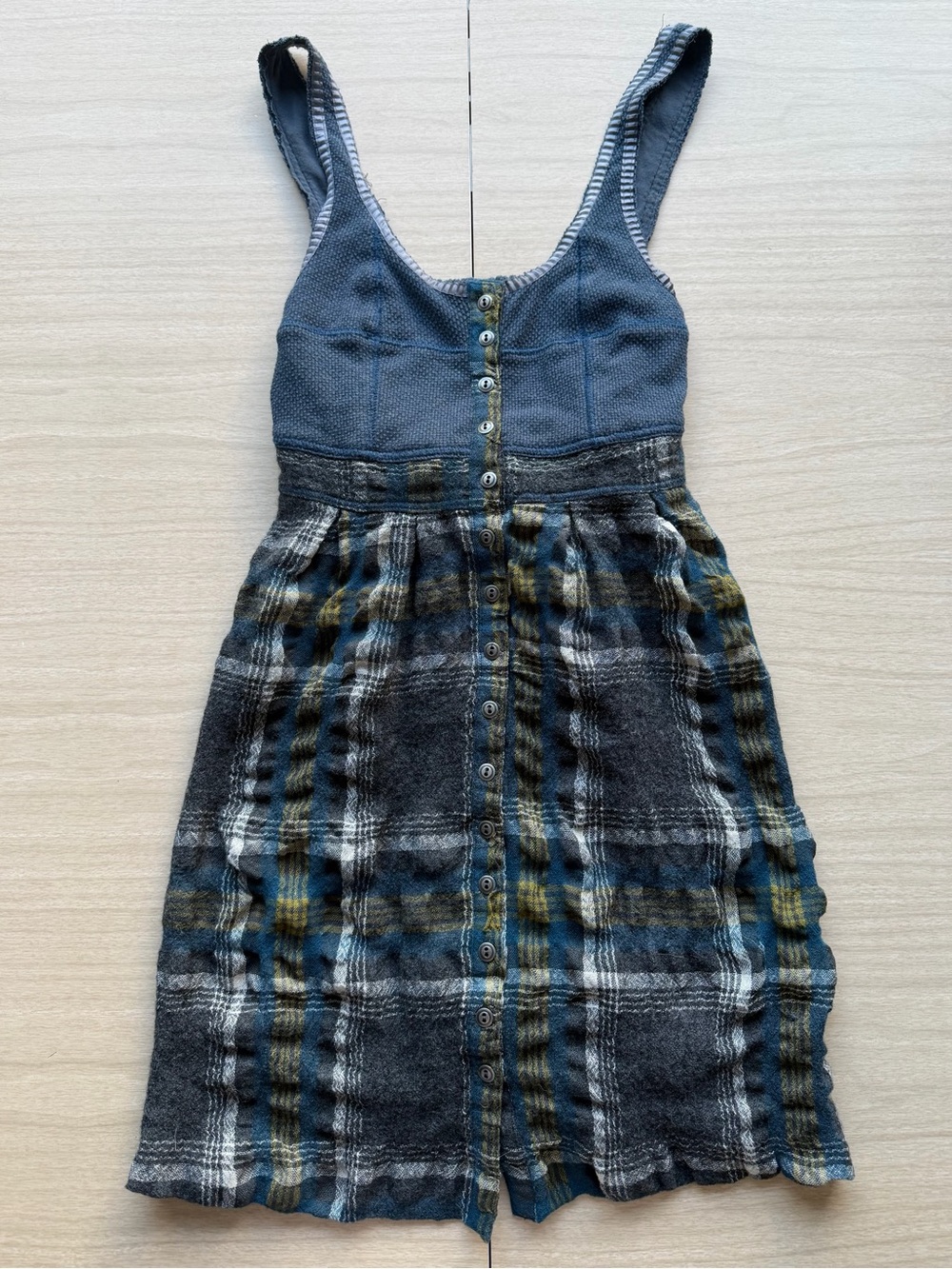 Free People Women’s Blue and Gray Plaid Button-Front Mini Dress with Tie Back XS